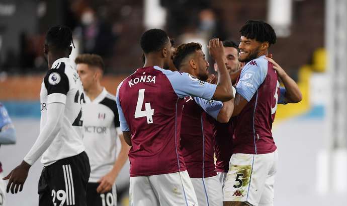 Aston Villa celebrate a goal against Fulham