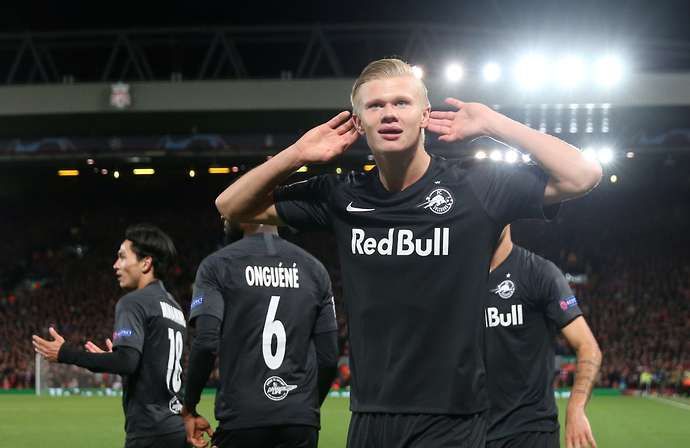 Erling Haaland celebrates scoring for RB Salzburg at Anfield