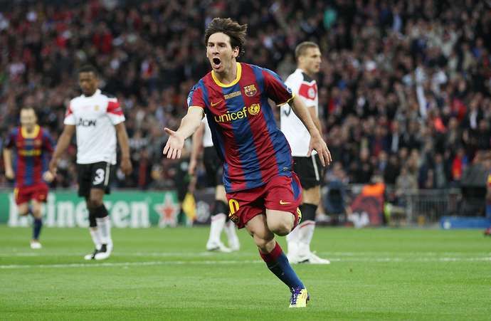 Lionel Messi celebrates scoring against Manchester United
