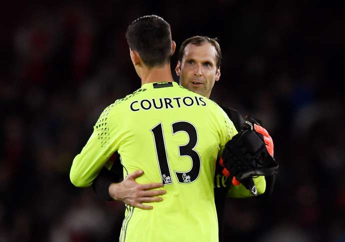 Petr Cech hugs Thibaut Courtois