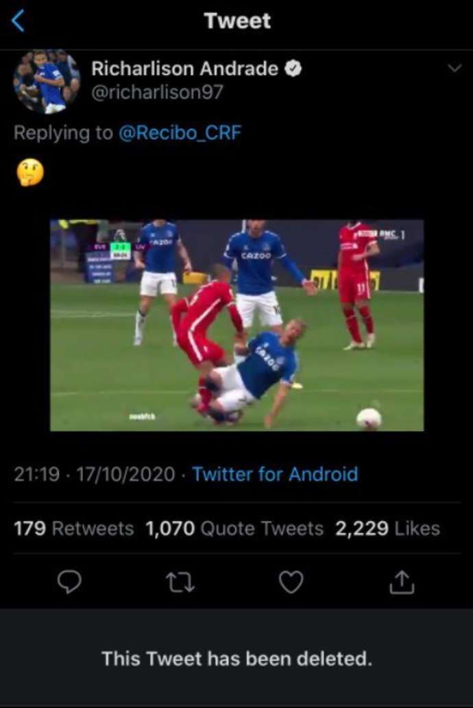 Richarlison's tweet after the Thiago challenge angered Liverpool fans