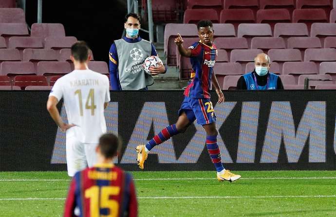 Ansu Fati celebrates scoring for Barcelona
