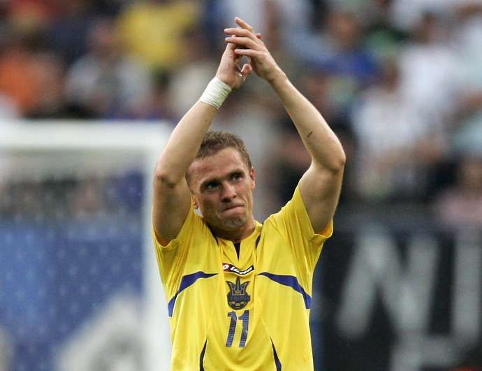 Serhiy Rebrov in action for Ukraine