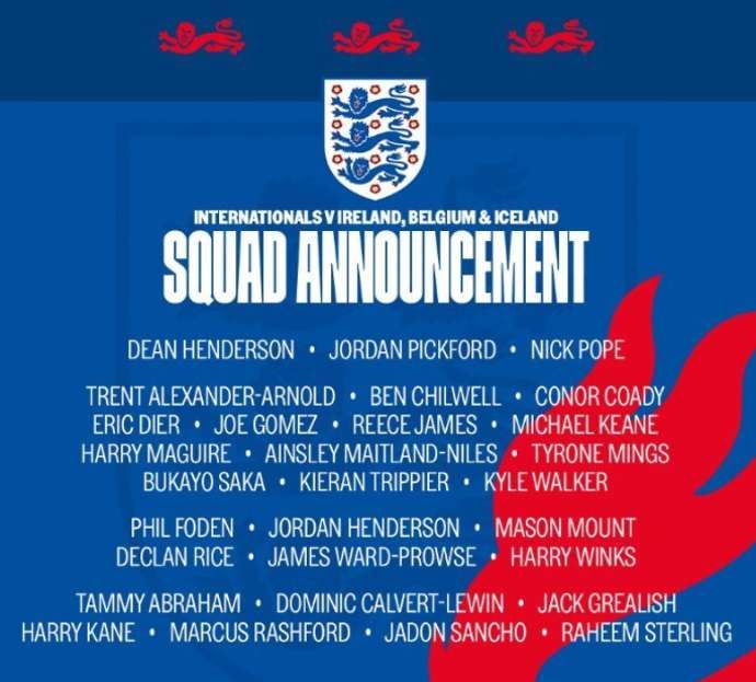 England's squad for their upcoming games