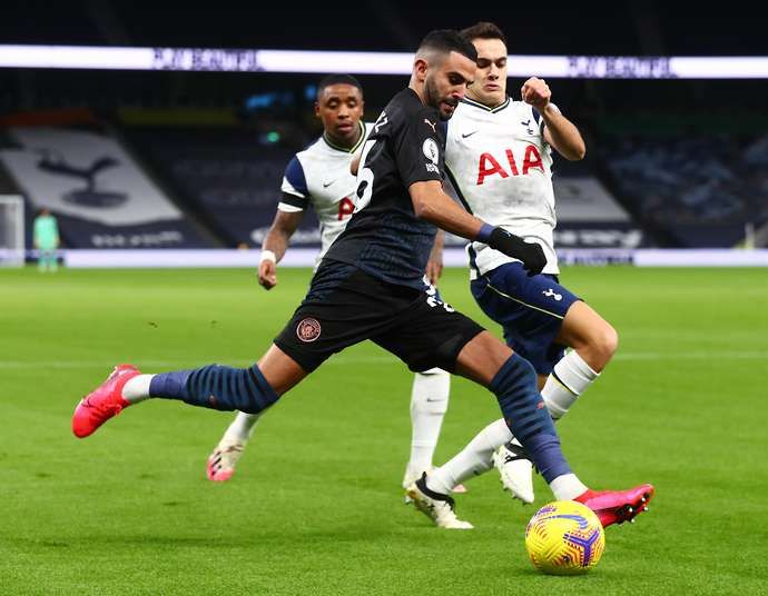 Sergio Reguilon battles with Riyad Mahrez in Spurs vs Man City