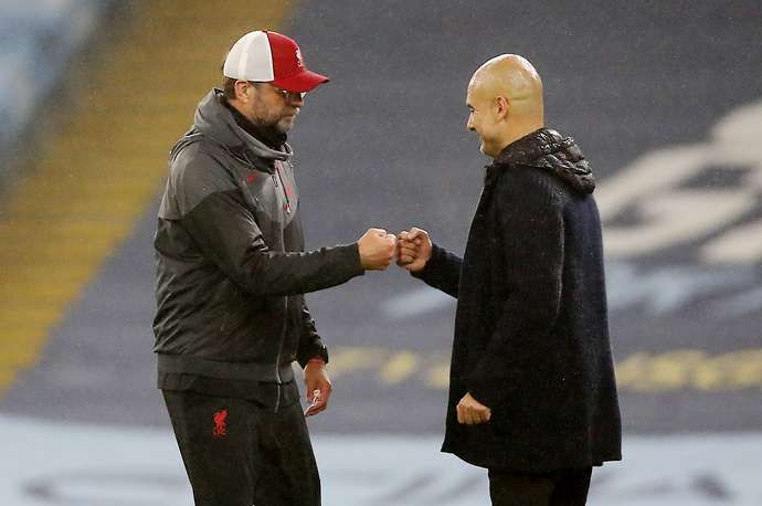 Liverpool manager Jurgen Klopp with Manchester City manager Pep Guardiola