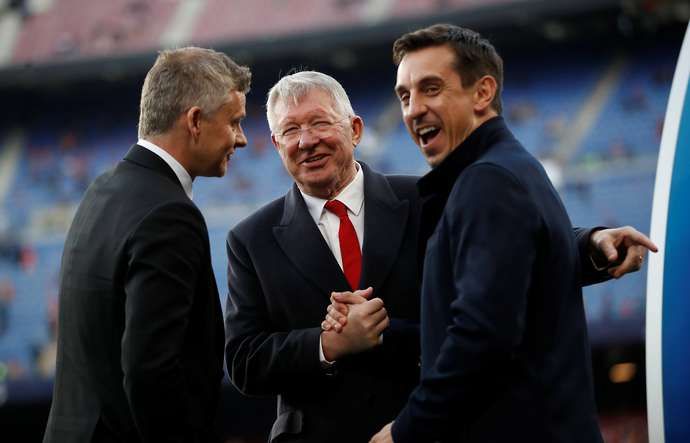 Manchester United legends Ole Gunnar Solskjaer, Sir Alex Ferguson and Gary Neville
