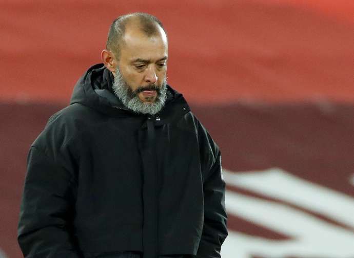 Wolves manager Nuno Santo on the touchline at Anfield