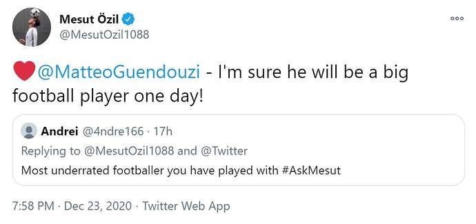 Mesut Ozil tweets about Matteo Guendouzi