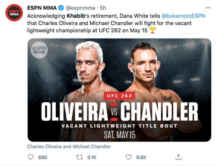 Khabib Retires: Michael Chandler Vs Charles Oliveira Set For UFC 262 ...