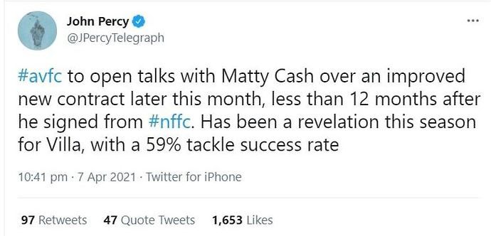 John Percy tweet on Matty Cash