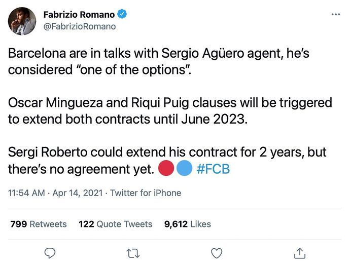 Fabrizio Romano tweets about Sergio Aguero