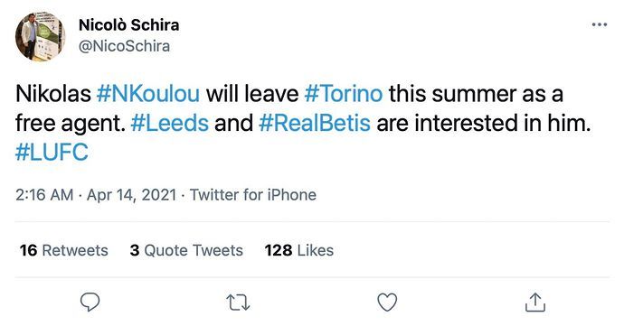 Nicolo Schira tweet on Leeds target Nikolas Nkoulou