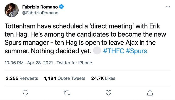 Fabrizio Romano tweets about Tottenham manager target Erik ten Hag