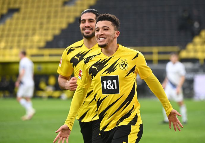 Jadon Sancho celebrates scoring for Borussia Dortmund