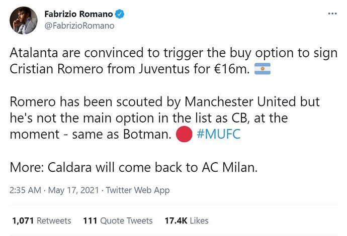 Fabrizio Romano Manchester United transfer update tweet