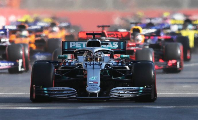 Lewis Hamilton leading the race out of turn one in Azerbaijan