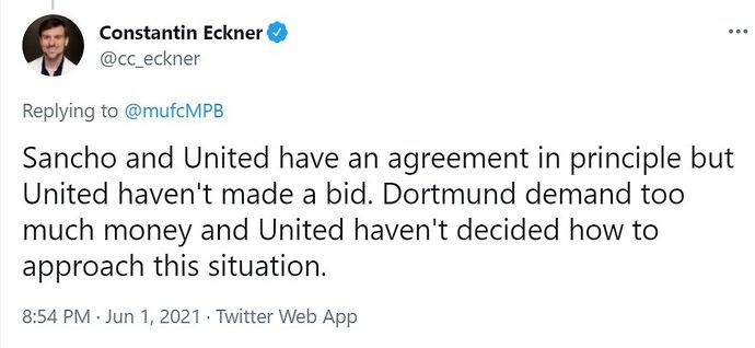 Constantin Eckner tweets about Manchester United target Jadon Sancho
