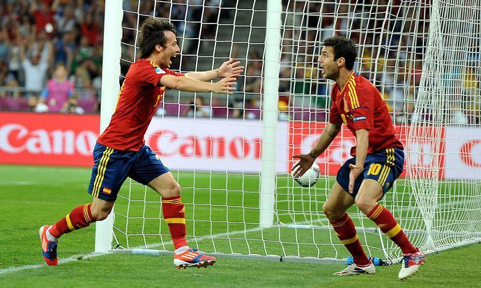 David Silva and Cesc Fabregas Spain goal at Euro 2012