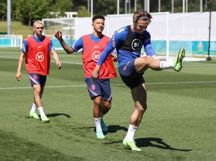 Jack Grealish, Jadon Sancho and Phil Foden in England training