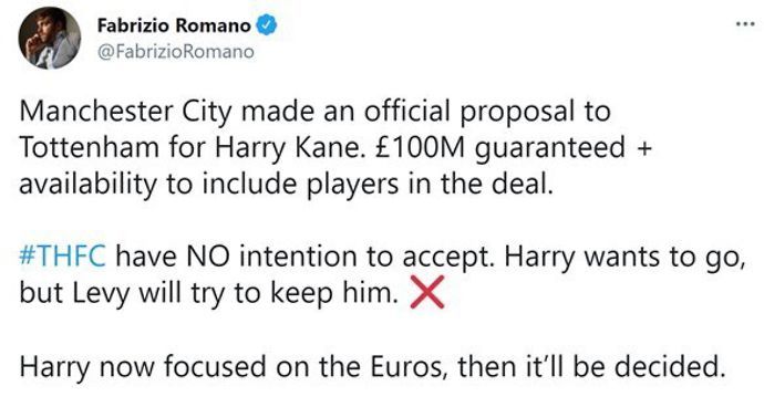 Fabrizio Romano reveals that Manchester City have made an official proposal for Tottenham's Harry Kane