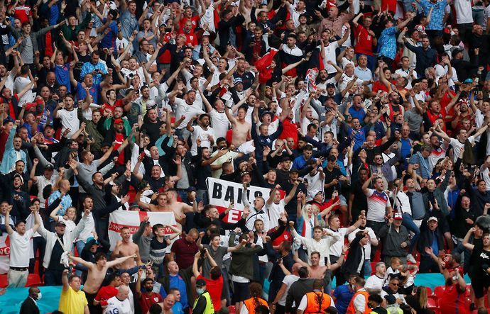 England fans inside Wembley celebrate the Germany win