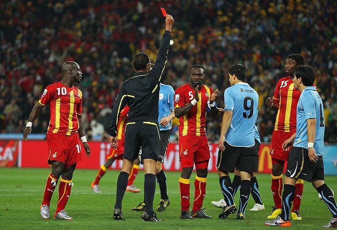 Luis Suarez saw red for handball in Uruguay vs Ghana in 2010