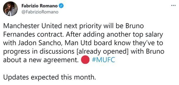 Fabrizio Romano reveals Man United's next prioirty is to give Bruno Fernandes a new contract