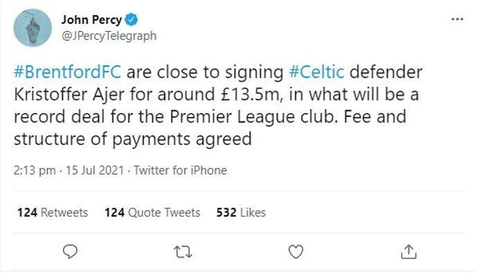 John Percy reports that Brentford are close to agreeing a deal to sign Celtic's Kristoffer Ajer