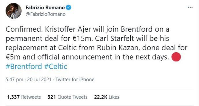 Fab Romano provides a transfer update on Kristoffer Ajer and Carl Starfelt