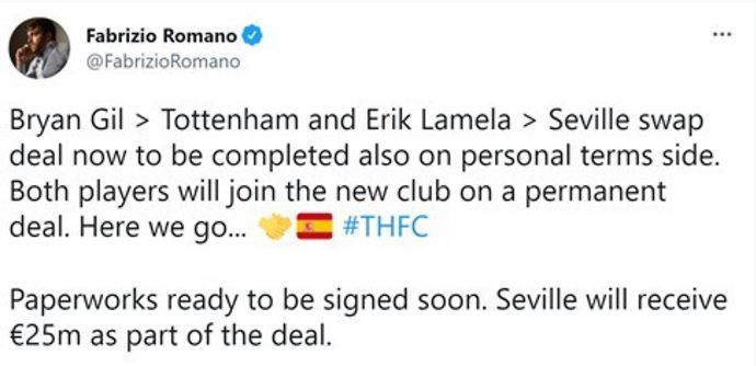 Fabrizio Romano says a swap deal between Tottenham and Sevilla is set to be completed