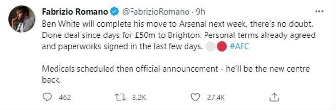 Fab Romano reports that Ben White will complete his transfer to Arsenal in the next week