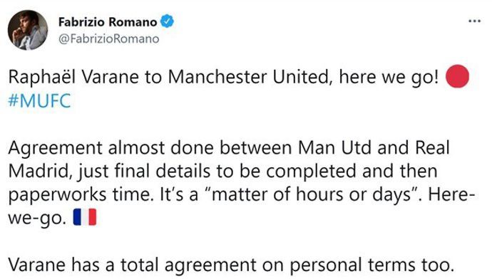 Fabrizio Romano gives the latest update on Raphael Varane to Man United