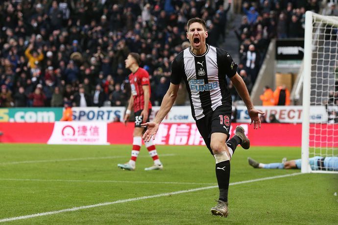Federico Fernandez celebrates scoring for Newcastle United