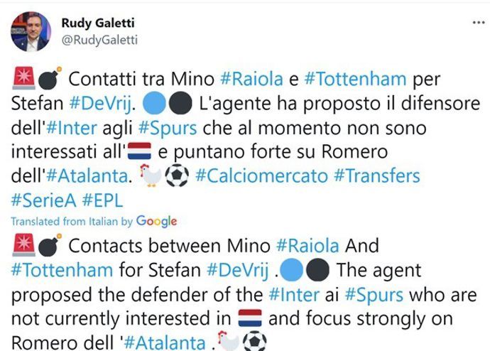Rudy Galetti reveals contact between Raiola and Spurs about De Vrij