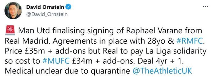 David Ornstein reveals details of Varane's transfer to Man United