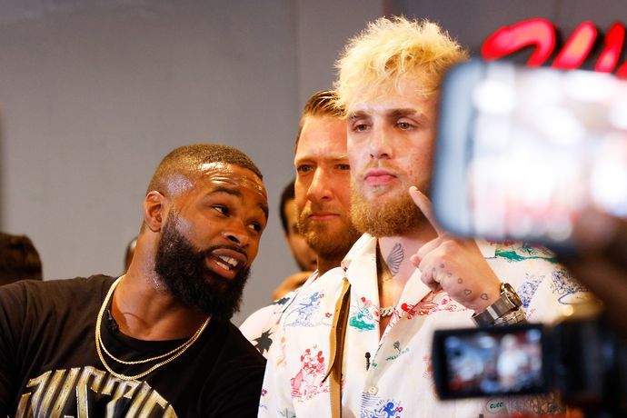 Jake Paul and Tyron Woodley take part in media availability at 5th St. Gym ahead of their August 28th boxing match on June 03, 2021 in Miami, Florida.