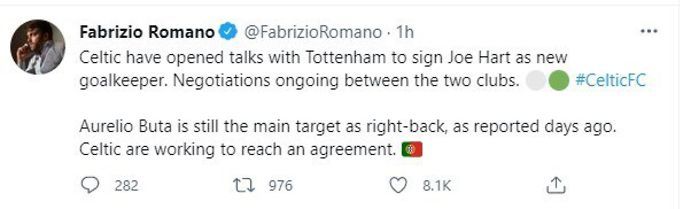 Fab Romano reports that Celtic are in talks with Tottenham about signing Joe Hart