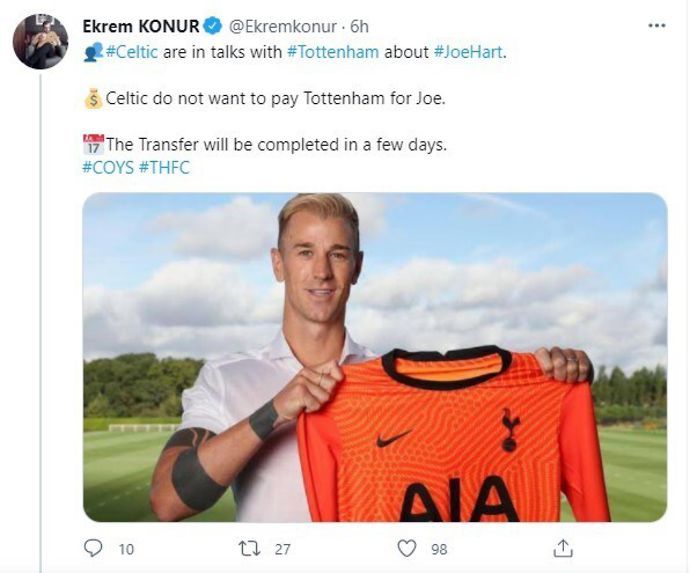 Ekrem Konur claims that Celtic will sign Joe Hart in the next few days