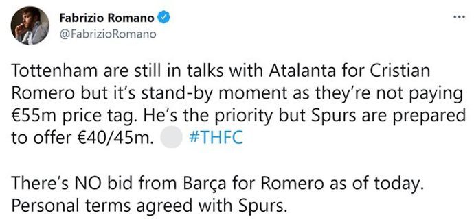 Fabrizio Romano reveals the latest update in Tottenham's pursuit of Romero