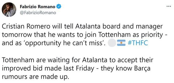 Fabrizio Romano delivers an update on Tottenham's pursuit of Cristian Romero