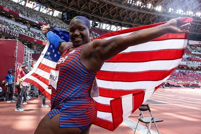 US shot-putter Raven Saunders raised her arms in an X shape on the podium at the Tokyo 2020 Olympic Games