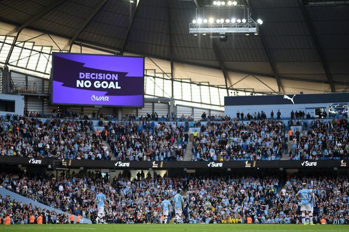 The big screen shows the VAR decision of No Goal for Gabriel Jesus of Manchester City third goal during the Premier League match between Manchester City and Tottenham Hotspur at Etihad Stadium on Augu