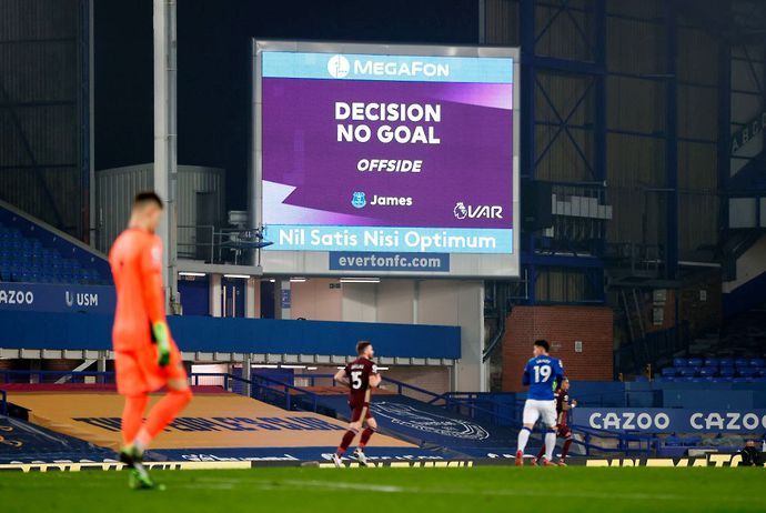 General view inside the stadium as the big screen confirms the VAR decision of No goal, after Everton had scored from an offside position during the Premier League match between Everton and Leeds Unit