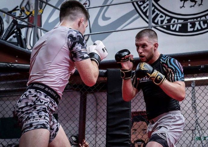 Welsh UFC star Jack Shore sparring with Bellator fighter Brett Johns at Shore Mixed Martial Arts in Abertillery, Wales. 