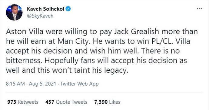 Sky Sports pundit Kaveh Solhekol drops huge transfer revelation about Jack Grealish