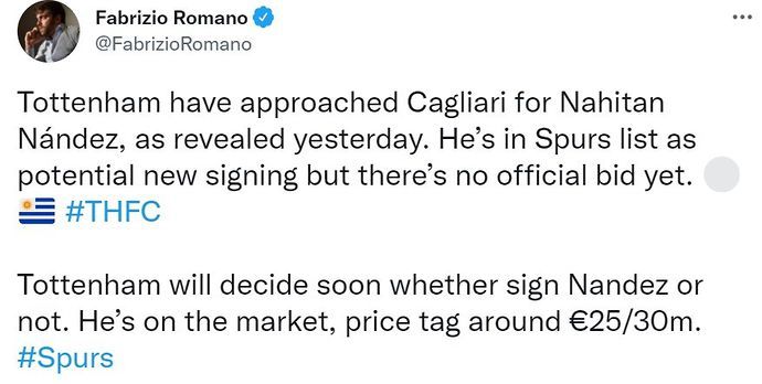 Fabrizio Romano has linked Tottenham with a move for Nahitan Nandez
