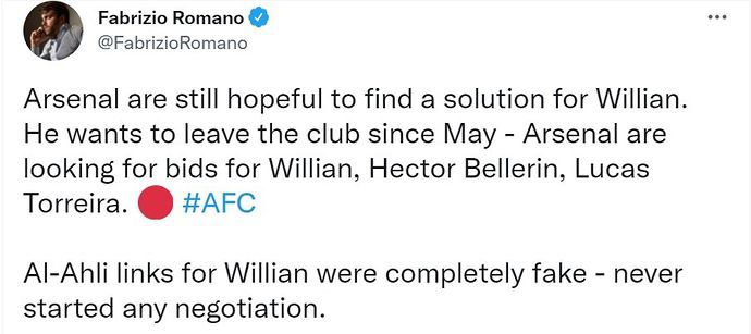 Fabrizio Romano issues a transfer update on Arsenal winger Willian