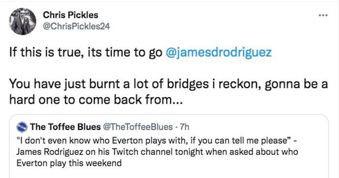 Everton fans react to James Rodriguez's comments