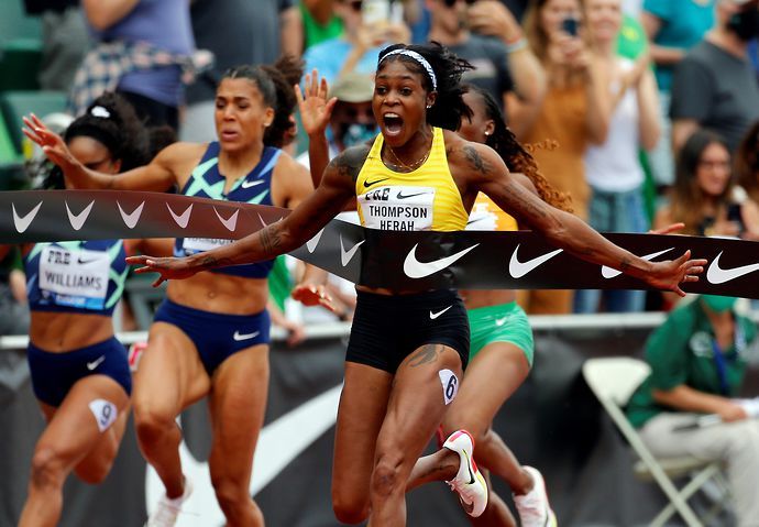 Elaine Thompson-Herah triumphed in the women's 100m at the Diamond League in Eugene